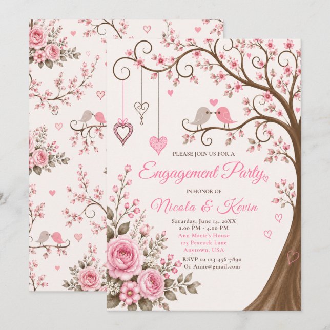 Convite Festa de Noivado Blush Blossom (Frente/Verso)
