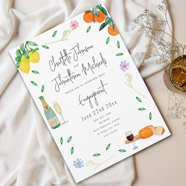 Convite Festa de Noivado Boho com Vinho e Queijo (Boho chic wine and cheese watercolor floral Wedding engagement party invitation )