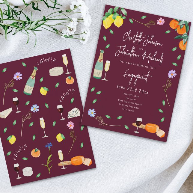 Convite Festa de Noivado Boho com Vinho e Queijo (Wine and cheese watercolor floral burgundy Wedding engagement party invitation)