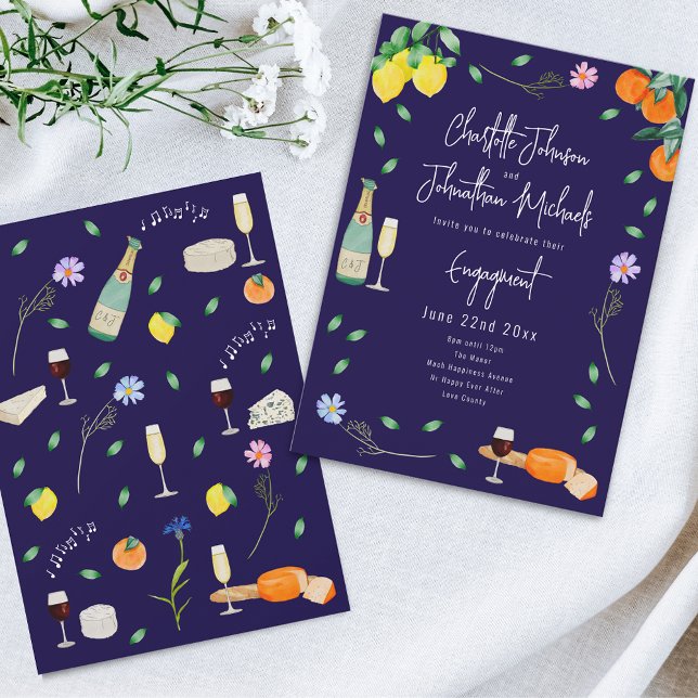 Convite Festa de Noivado Boho com Vinho e Queijo (Wine and cheese wedding engagement party navy blue white  invitation Watercolor whimsical hand drawn)