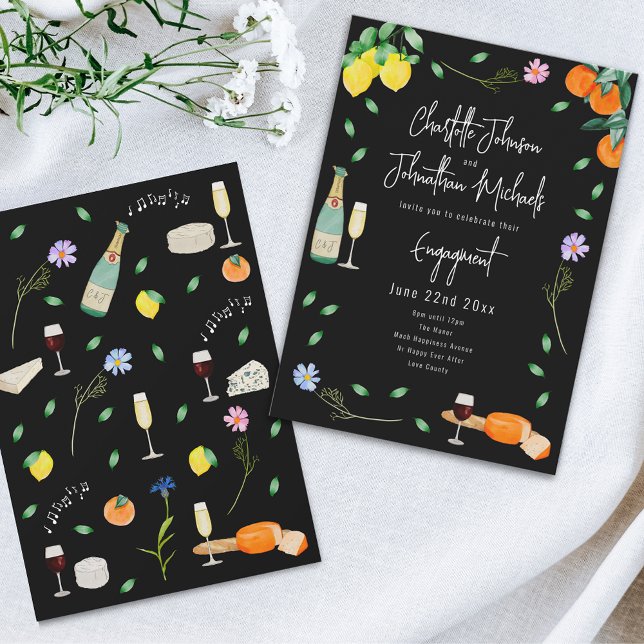 Convite Festa de Noivado Boho com Vinho e Queijo (Wine and cheese wedding engagement party black and white  invitation Watercolor whimsical hand drawn)