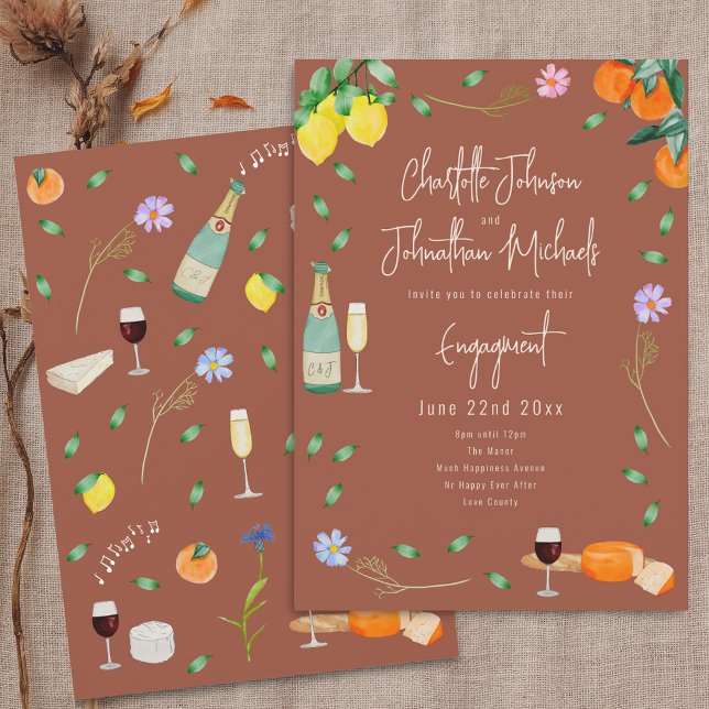 Convite Festa de Noivado Boho de Outono com Vinho e Queijo (Boho chic fall wine and cheese wedding engagement party terracotta invitation Oranges lemons floral )