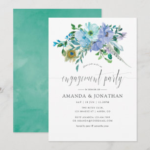 Convite Festa de Noivado Boho em Aquarela Azul e Menta