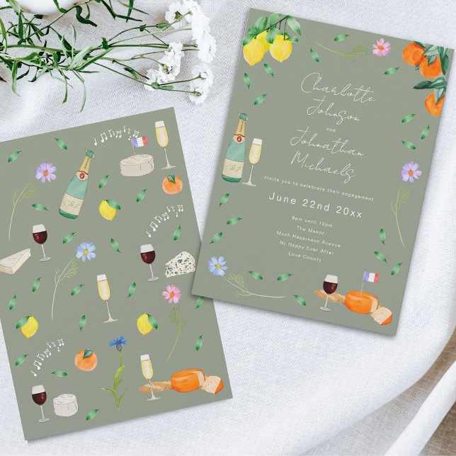 Convite Festa de Noivado Boho Francês de Vinho e Queijo (Wildflower boho citrus wine and cheese sage green french destination wedding invitation )