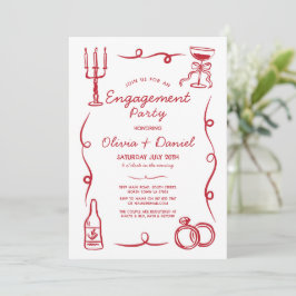 Convite Festa de noivado Branca Desenhada Mão Vermelha Fra