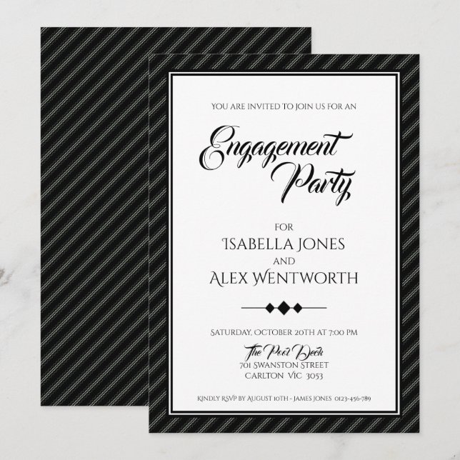 Convite Festa de noivado branca e preto moderno elegante (Frente/Verso)