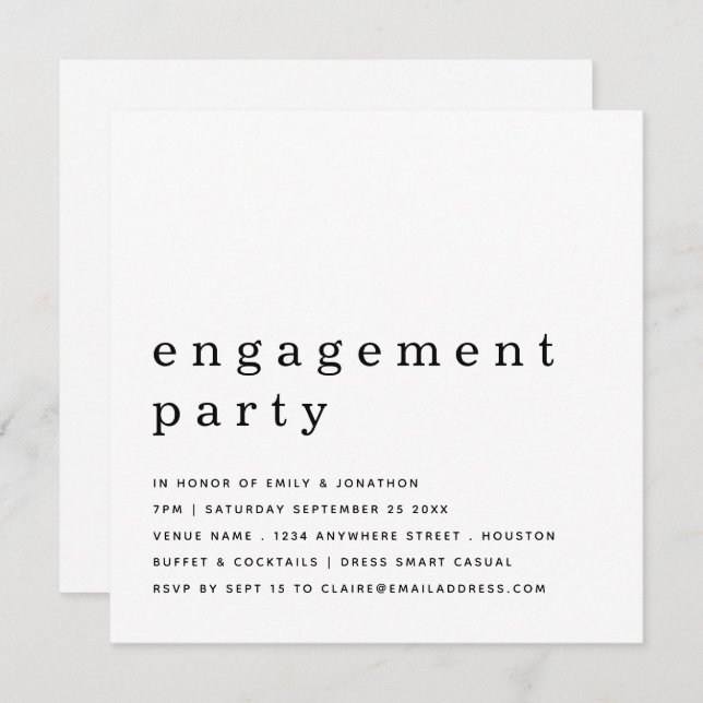 Convite Festa de noivado Branca Preta Contemporânea (Frente/Verso)