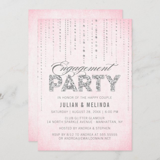 Convite Festa de noivado brilhante rosa e prateada (Frente/Verso)