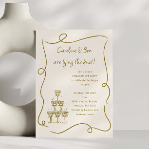 Convite Festa de Noivado Champagne Gold Doodle Manuscrito