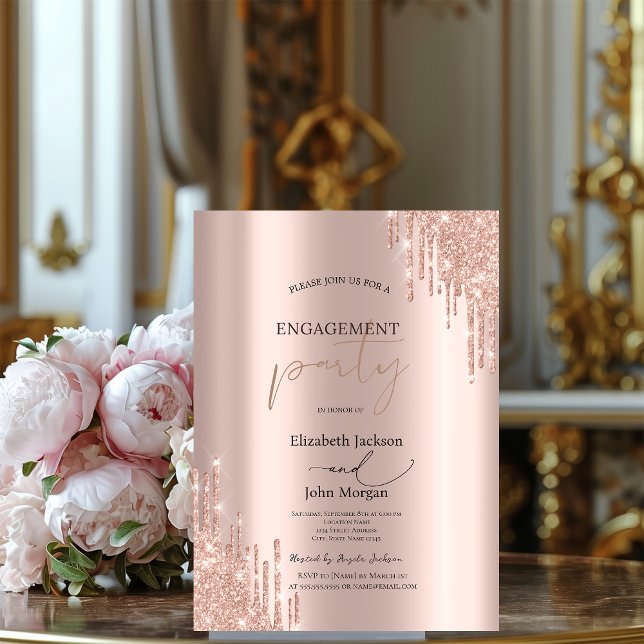 Convite Festa de Noivado Chic Rosa Dourado com Glitter (Criador carregado)