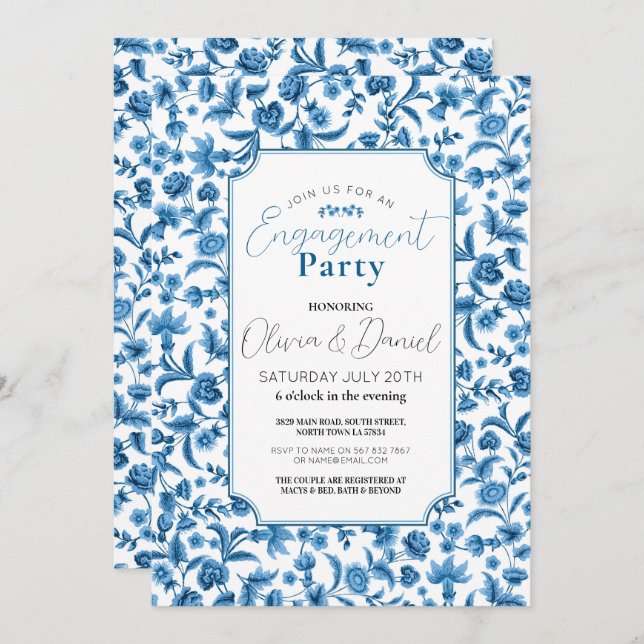 Convite Festa de noivado Chintz Blue & White Floral Ditsy (Frente/Verso)