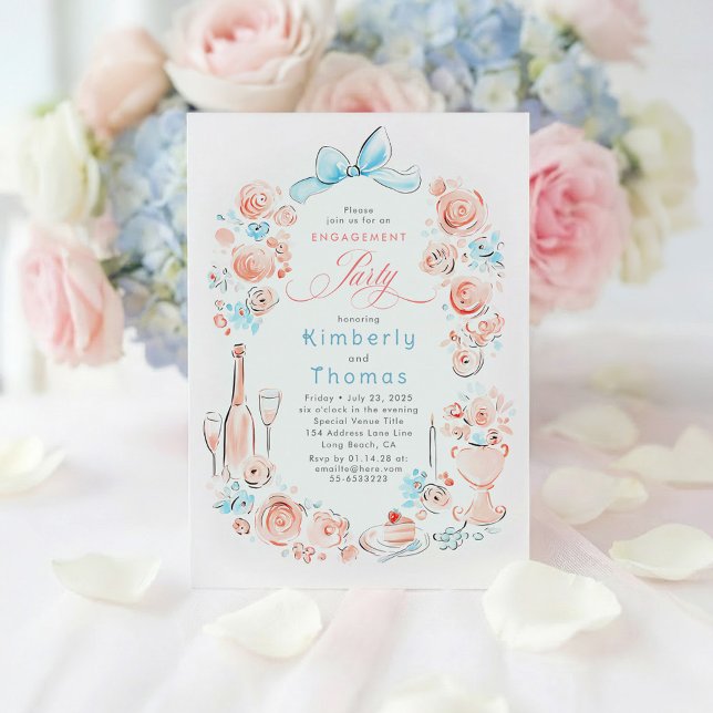 Convite Festa de Noivado com Arco Desenhado à Mão com Flor (Dusty Blue and Pink Whimsical Floral Engagement Party Invitations)