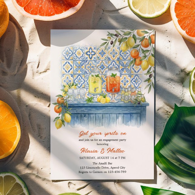Convite Festa de Noivado com Azulejo Mediterrâneo de Limão (Invitation with Mediterranean theme Limoncello & Aperol Spritz Bar - engagement, wedding shower etc)