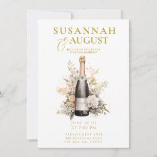 Convite Festa de Noivado com Champanhe em Aquarela