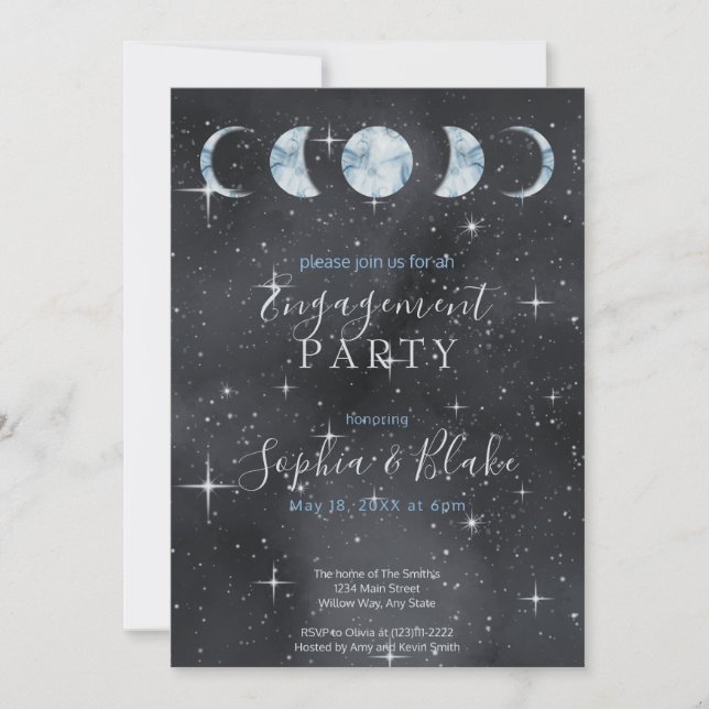 Convite Festa de Noivado com Fases da Lua e Zodíaco Noite  (Frente)