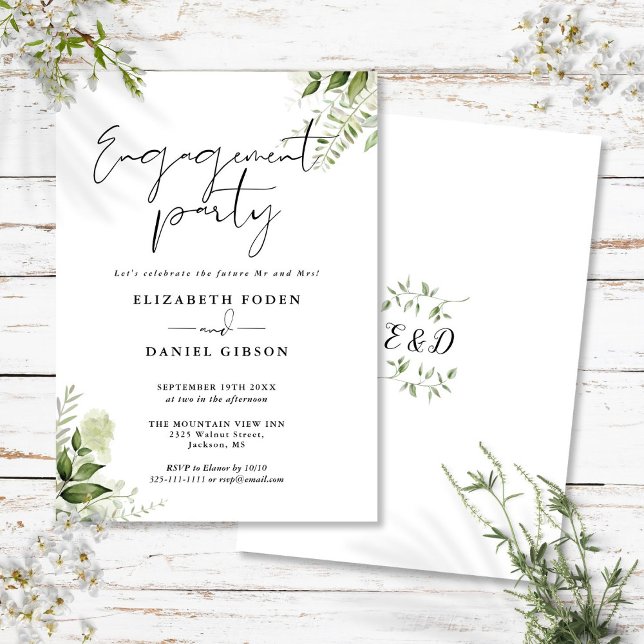 Convite Festa de Noivado com Flora Verde Preto e Branco (Floral Greenery Black And White Engagement Party Invitation)