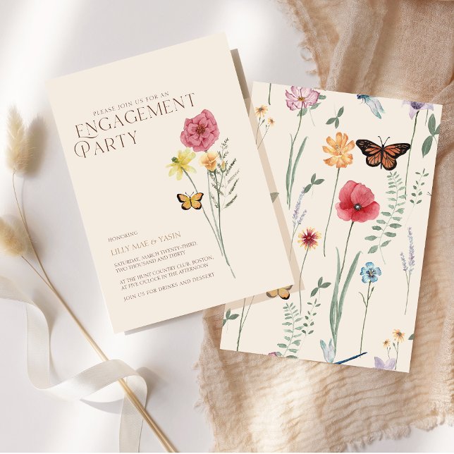 Convite Festa de Noivado com Flores Silvestres Rosa e Amar (Simple Pink Yellow Wildflower Engagement Party Invitation)