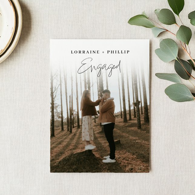 Convite Festa de Noivado com Foto Elegante com roteiro esc (Full Photo with white Gradient & Handwritten Script Engagement Party Invitation. With couples names.)