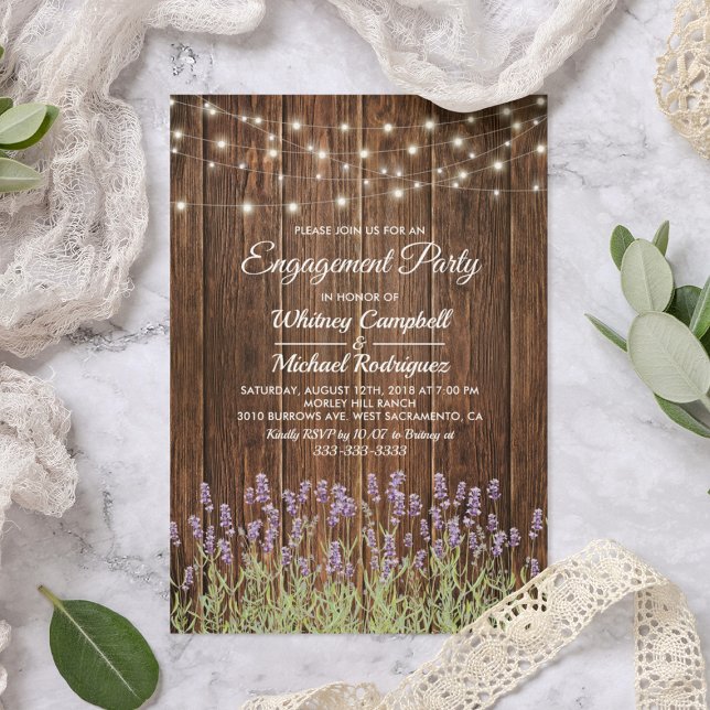 Convite Festa de Noivado com Luzes de Lavanda Rústica no C (Criador carregado)