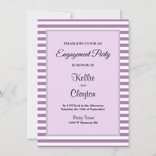 Convite Festa de noivado com moldura de tiras roxas/branca (Frente)