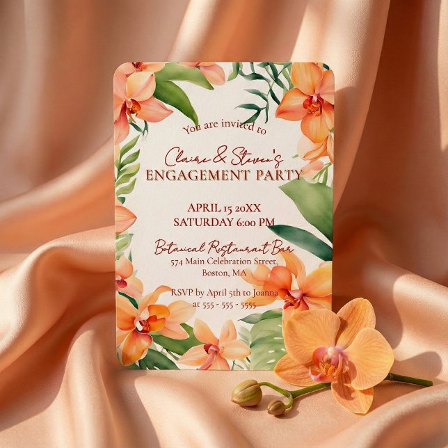 Convite Festa de Noivado com Orquídea Tropical Laranja e F (Criador carregado)