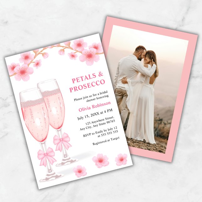 Convite Festa de Noivado com Pétalas de Flores Rosa e Pros (Photo Pink Bow Floral Petals & Prosecco Bridal Shower Invitation )