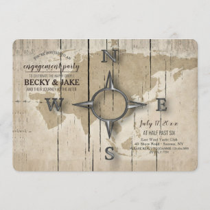 Convite Festa de noivado Compass and World Map