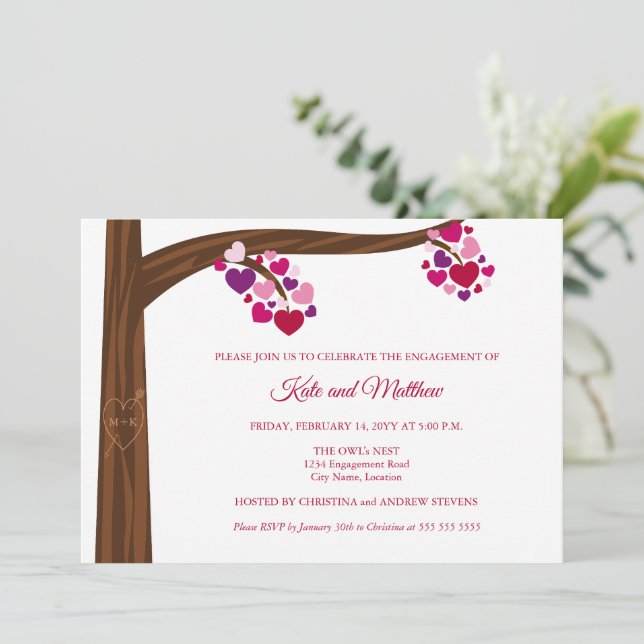 Convite Festa de noivado da Árvore do Coração (Em pé/Frente)