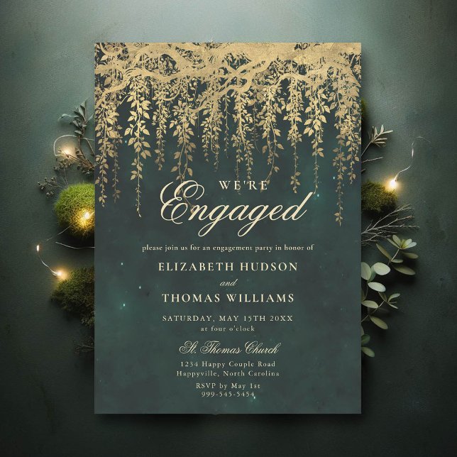 Convite Festa de noivado da Igreja Dourada da Floresta Enc (engagement party invitation elegant enchanted forest fairytale gold vines calligraphy)