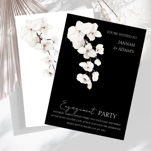 Convite Festa de noivado das Orquídeas Brancas Negras Mode (Modern Black and White Orchids Flowers Engagement Party Wedding Invitation)