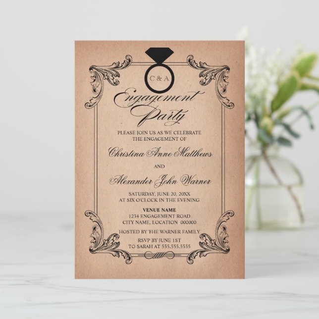 Convite Festa de noivado de aparência e ornamento do papel (Em pé/Frente)