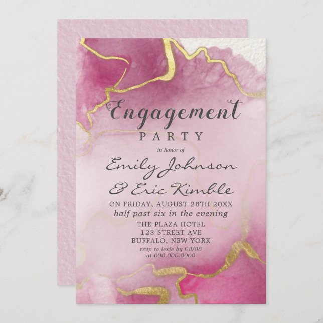 Convite Festa de noivado de Aquarela rosa e Dourada I (Frente/Verso)
