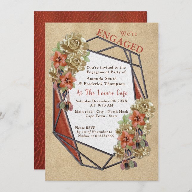 Convite Festa de noivado de Arte de Textura de Couro e Sue (Frente/Verso)