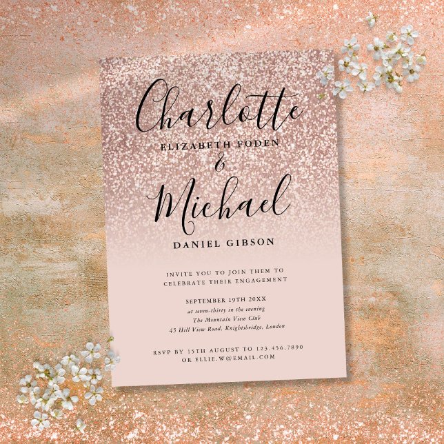 Convite Festa de noivado de Assinatura Glitter Dourada (Rose Gold Glitter Signature Engagement Party Invitation)