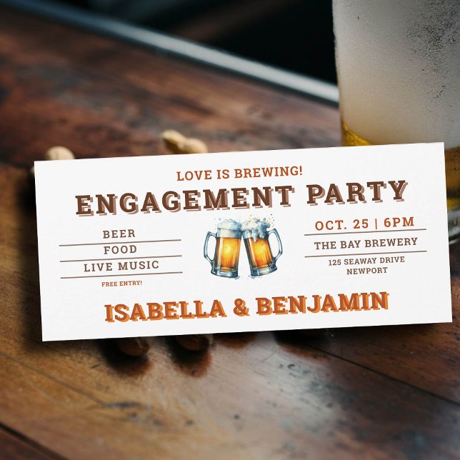 Convite Festa de noivado de Bilhete de Festa de Cerveja (beer themed engagement party invitation brewery ticket)