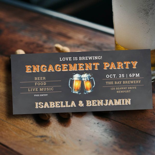 Convite Festa de noivado de Bilhete Preto de Cerveja (beer themed engagement party invitation brewery ticket black chalk board)