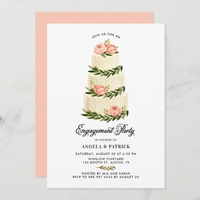 Convite Festa de noivado de Bolo em Escala Russo com Aquar (Frente/Verso)