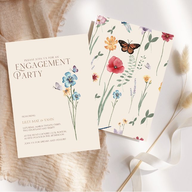 Convite Festa de noivado de Casamento de Flor Selvagem Azu (Simple Blue Wildflower Wedding Engagement Party Invitation)