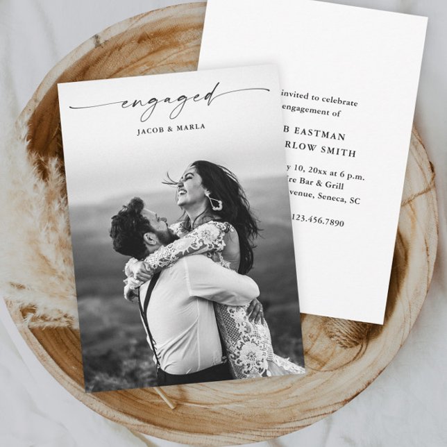 Convite Festa de noivado de Casamento de Fotos de Script M (Elegant script engaged photo wedding engagement party shower invitation.)