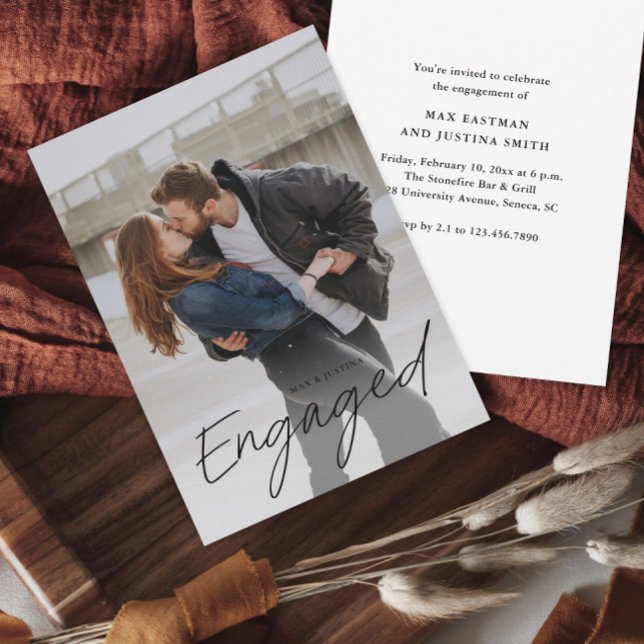 Convite Festa de noivado de Casamento de Fotos de Script M (Modern script engaged photo wedding engagement party or shower invitation.)