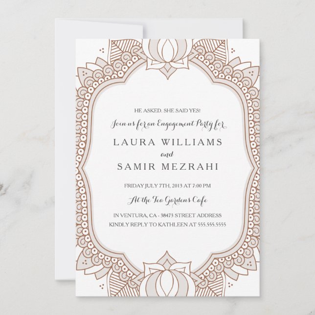 Convite Festa de noivado de Casamento Elegante Mehndi (Frente)