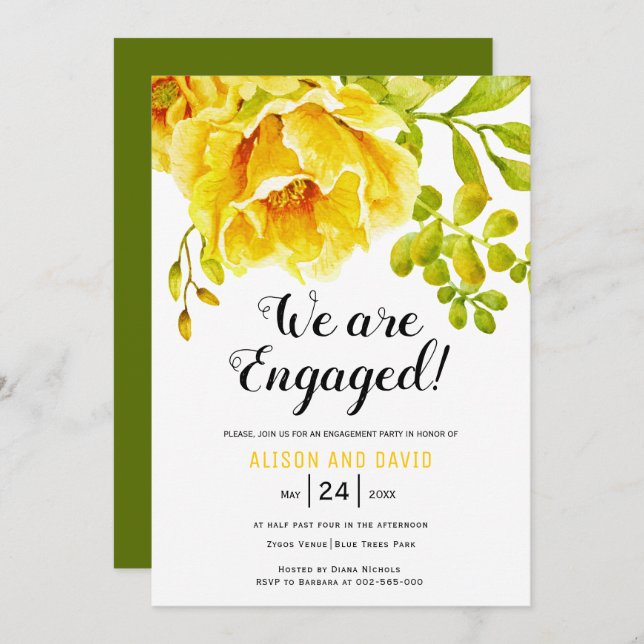 Convite Festa de noivado de casamento floral com aquarela  (Frente/Verso)