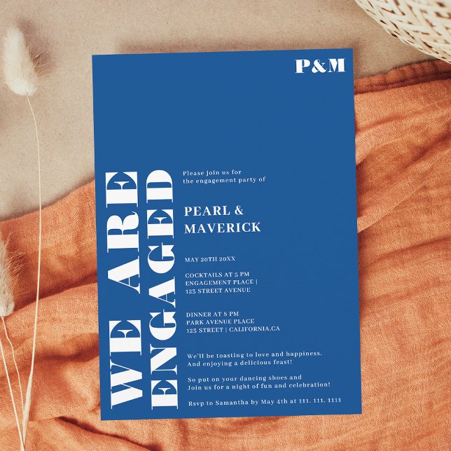 Convite Festa de noivado de casamento simples e azul (Bold simple blue wedding engagement party invitation)