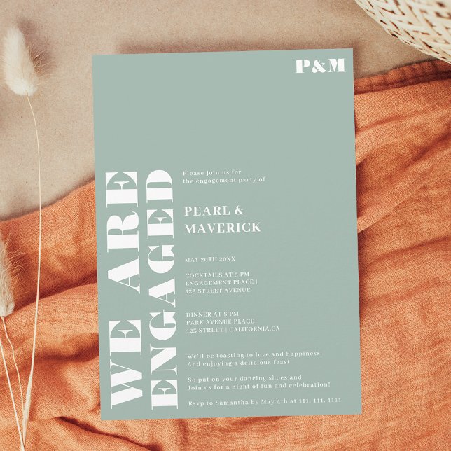 Convite Festa de noivado de casamento simples e empoeirada (Bold simple dusty green wedding engagement party invitation)