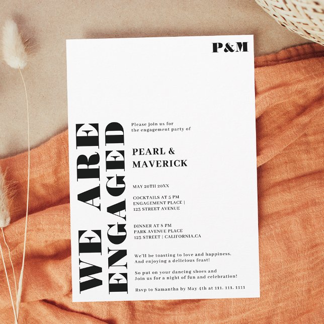 Convite Festa de noivado de casamento simples e preto (Bold simple black white wedding engagement party invitation)