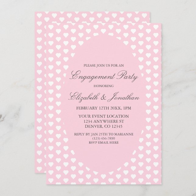 Convite Festa de noivado de Corações Rosa (Frente/Verso)