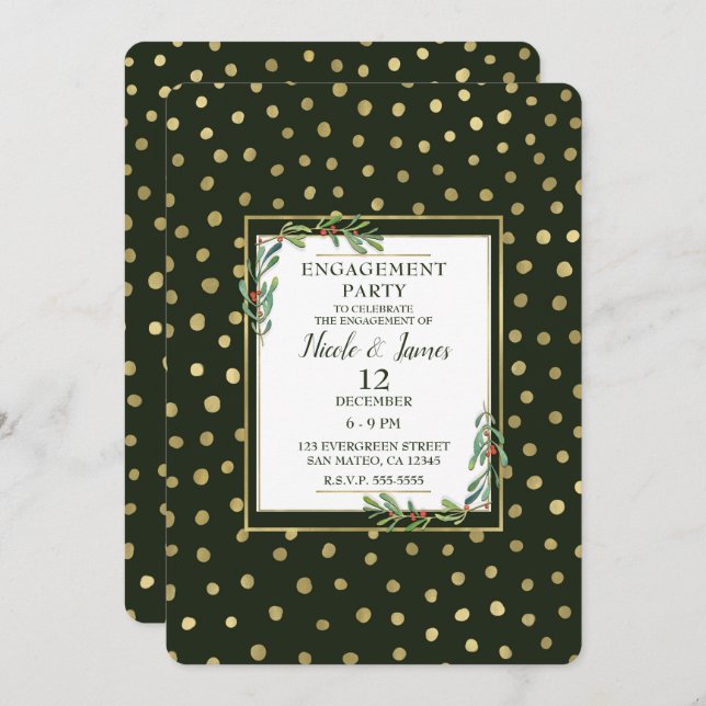 Convite Festa de noivado de Férias de Neve Verde e Dourada (Frente/Verso)