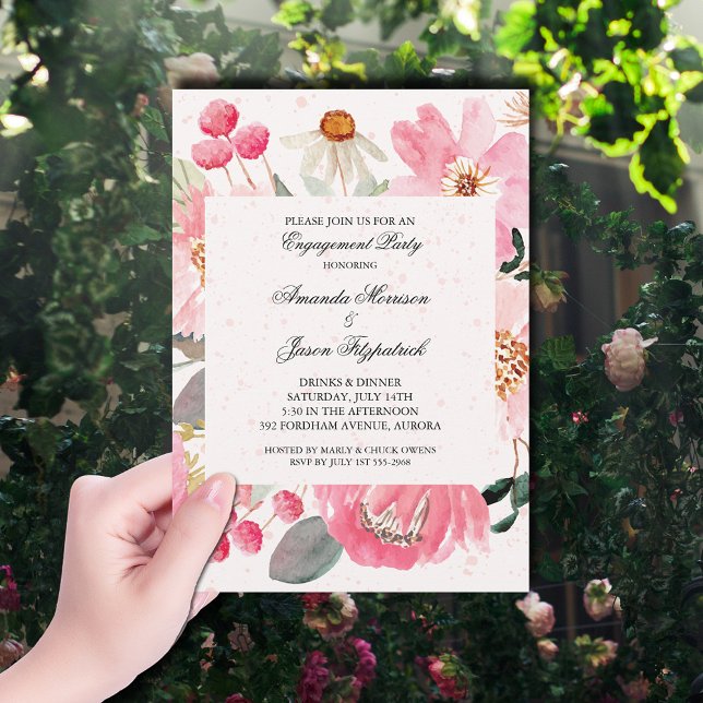 Convite Festa de noivado de Flores de Jardim (Watercolor pink garden flowers engagement party invitations)