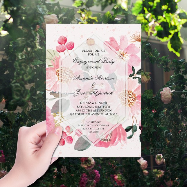 Convite Festa de noivado de Flores de Jardim (Watercolor pink garden flowers engagement party invitations)
