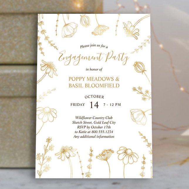 Convite Festa de noivado de Flores Douradas do Desenho de  (Gold Wildflower Engagement Party Invite from my Engagement Party Invitations Collection)